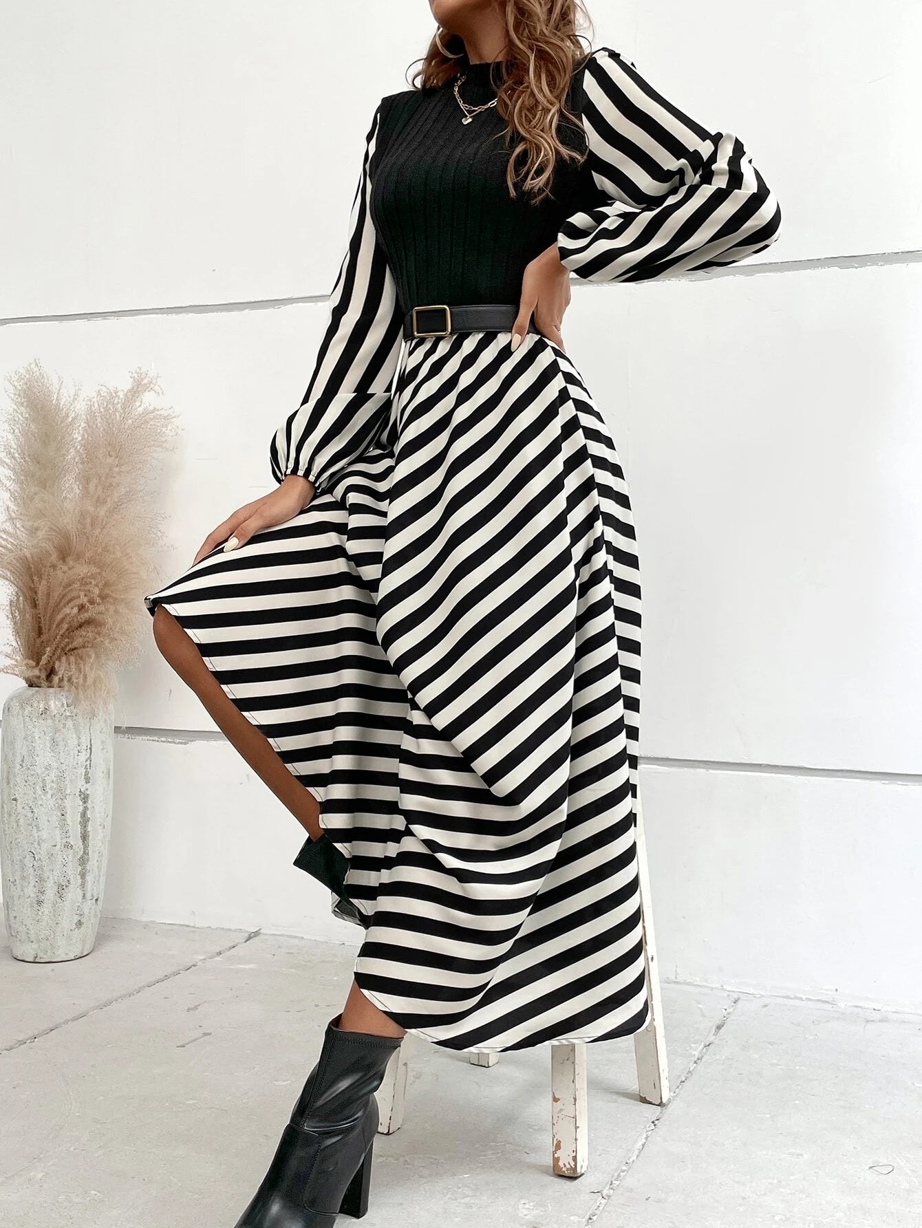 Calvaya Striped Mock Neck Lantern Sleeve Dress without Belt Maxi Women Outfit Fall Cloth for Women