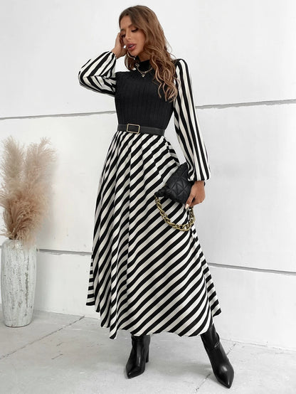 Calvaya Striped Mock Neck Lantern Sleeve Dress without Belt Maxi Women Outfit Fall Cloth for Women