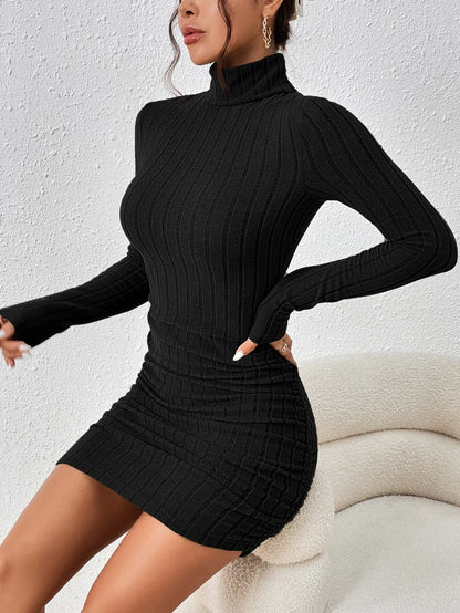 SHEIN Frenchy Turtleneck Ruched Detail Bodycon Dress Winter Party Black Black